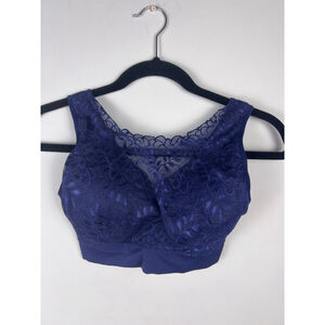 Breezies Lace Back Closure Bra Small Navy Blue Wireless Comfort Support Bralett